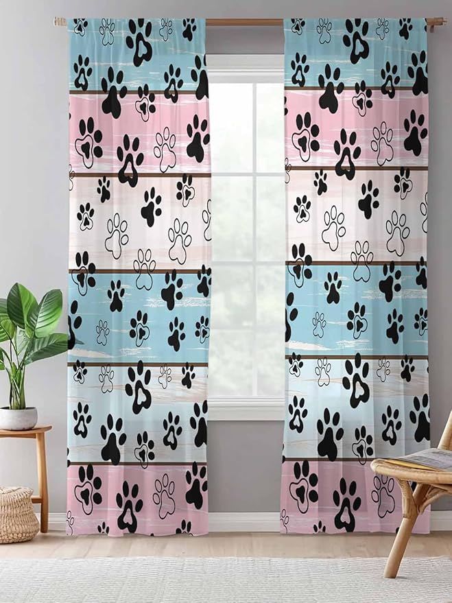 Sheer Curtains 108 Inches Long, Blue Pink Dog Paws Prints Semi Sheer Curtains Light Filtering Window Treatment, Farmhouse Beige Wood Privacy Voile Drapes for Living Room Bedroom 52x108 Inch