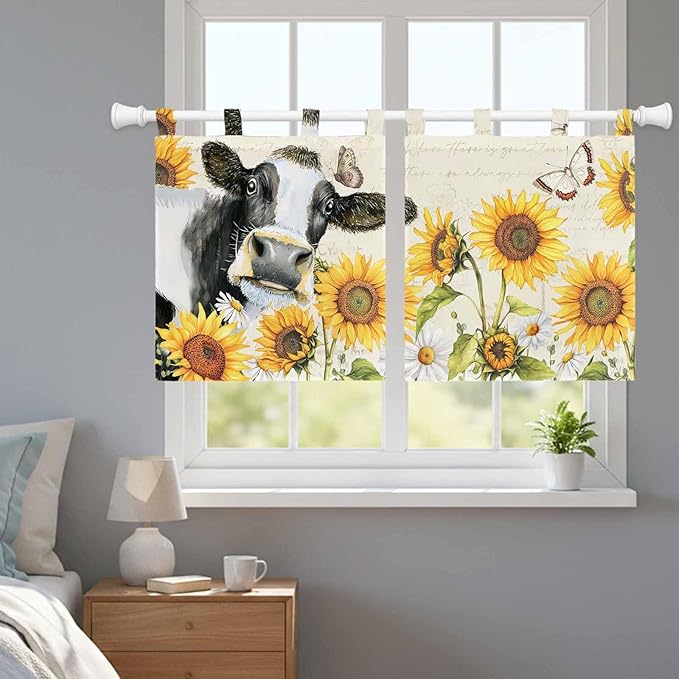 Yellow Sunflowers Kitchen Curtains 36 Inch Length, Small Window Curtains Tab Top, Country Cow Flower Butterfly Farmhouse Cream Light Filtering Short Window Treatments Tier Drapes 27.5"x36" 2 Panel
