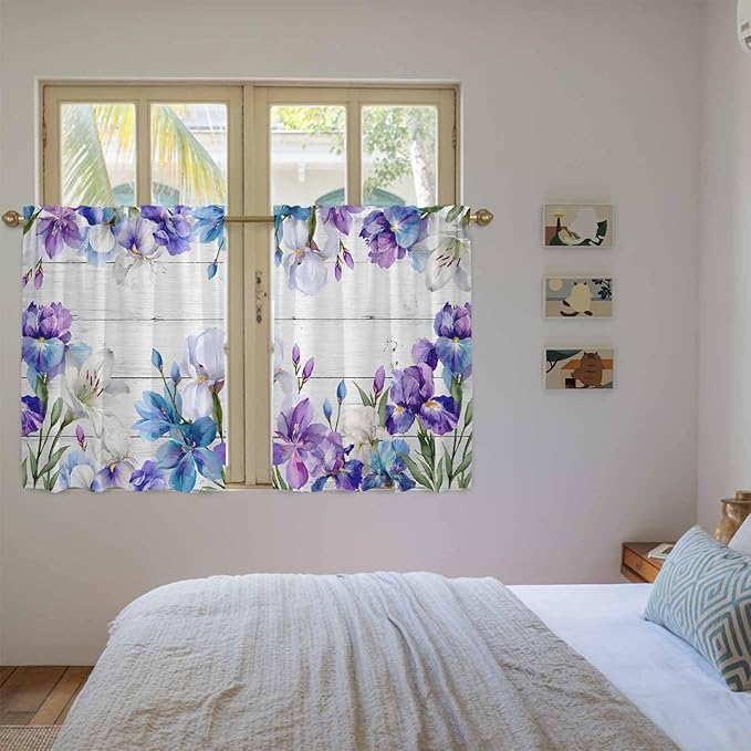Spring Flowers Kitchen Curtains, Watercolor Garden Florals Wooden Grain Light Filtering Window Curtain Panels, 2Pcs Rod Pocket Window Treatments Set for RV Dining Room Study Room 42x54 Inches