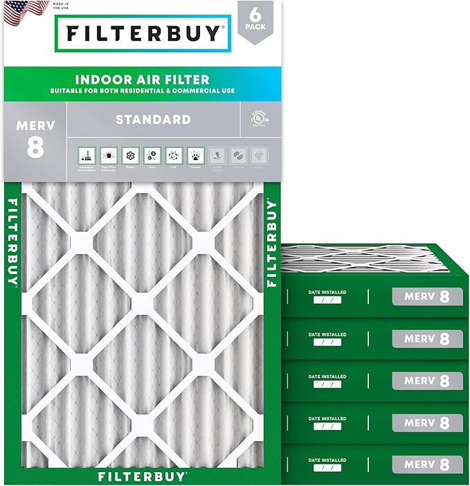 Filterbuy 18x30x2 Air Filter MERV 8 Essential Dust & Allergy Defense (6-Pack), Electrostatic Pleated HVAC AC Furnace Filters Replacement, Made in USA (Actual Size: 17.50 x 29.50 x 1.75)