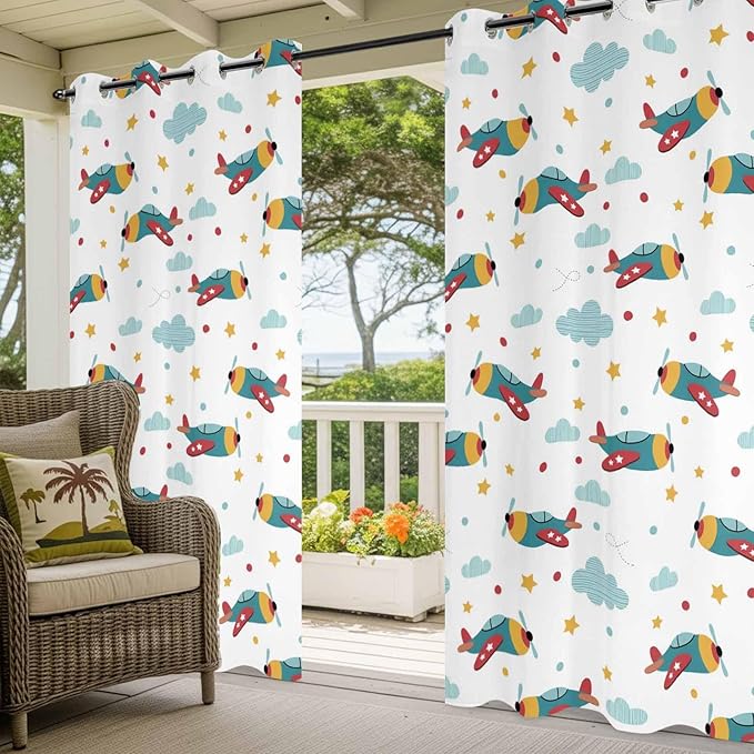 Turquoise Airplane Waterproof Outdoor Curtains for Patio,Windproof Weatherproof Curtains with Weighted Hem,Modern Art Cartoon Aircraft Clouds Light Filtering Privacy Porch Drapes 54"x 108" 2 Panels