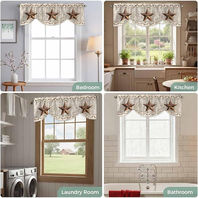 Western Texas Star Retro Tie Up Valance Curtains for Windows, Kitchen Curtains Window Shades, Country Farmhouse Gray Wood Grain Light Filtering Roman Curtain Valances for Bedroom/Bathroom/Cafe 54"x18"