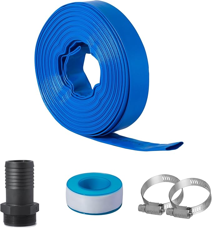 Eastrans 1 1/2 in x 100 ft Pool Backwash Hose Kit with Male NPT Adapter,Heavy Duty Discharge Pump Hose for Swimming Pool,Reinforced Pool Drain Hose with 2 Clamps and Thread Seal Tape,6 Bar