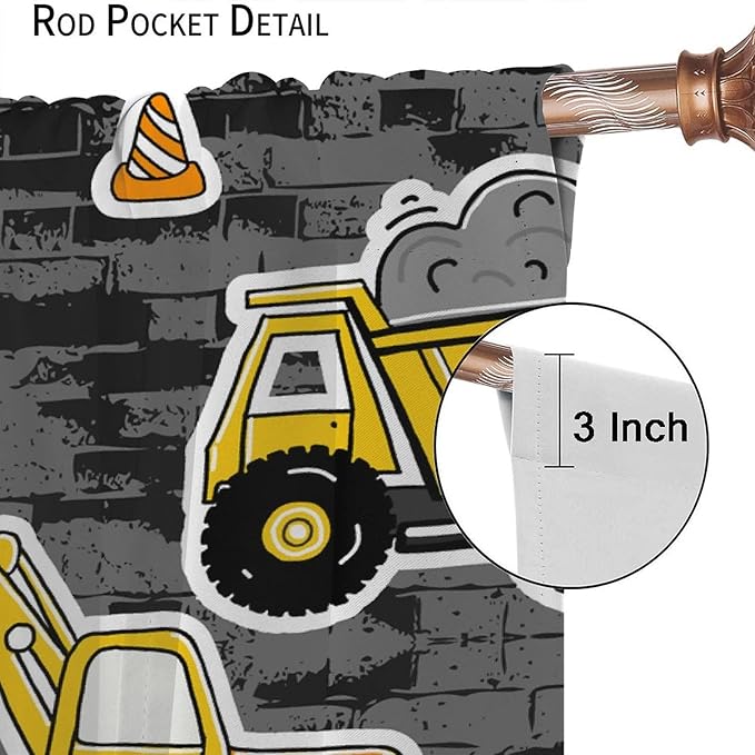 Kids Construction Excavator Window Curtains, Yellow Excavator Transporter Truck Cartoon Vehicles Rod Pocket Decorative Window Curtain for Children Teens Room 63x63in (30% Blackout)
