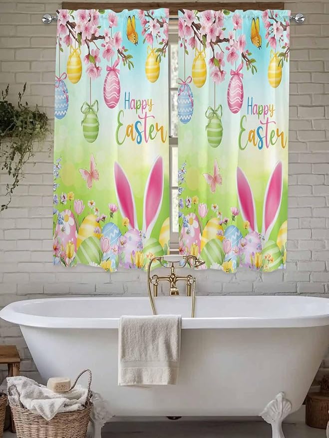 Easter Living Room Curtains 72 Inches length, Spring Bunny Colorful Rabbit Eggs Butterfly Blue Green Window Treatment Curtain Drapes, Light Filtering Drapes for Bedroom Laundry Room, 52"x72", 2 Panels