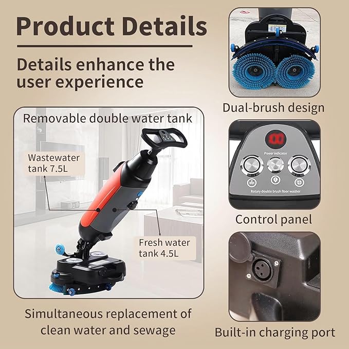 Rechargeable Floor Cleaner and Wet Dry Floor Machine, 17" Commercial Floor Scrubber, Dual-Brush Heads, Cordless Electric Floor Mop Cleaning Capacity 13000 Sqft/H, for Villa Hospital Office Red