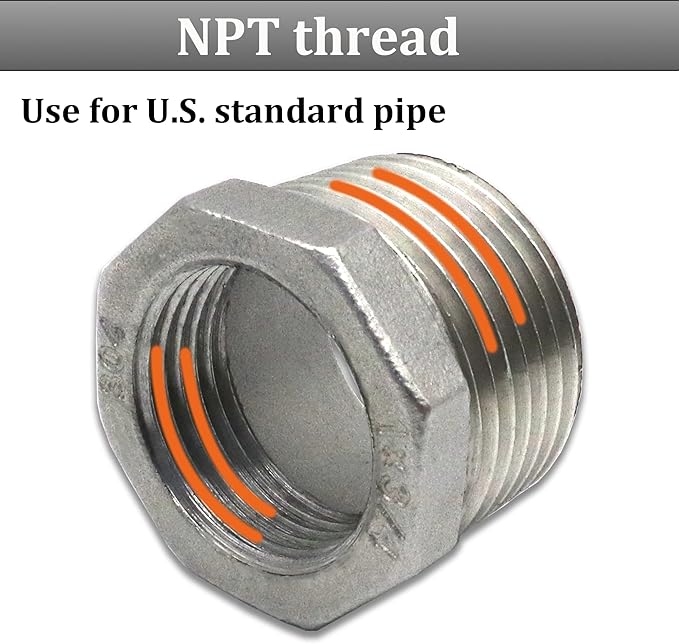 2 Pcs 304 Stainless Steel Reducer Hex Bushing, 3/4" Male NPT to 3/8" Female NPT Pipe Fitting Hex Bushing, Heavy Duty Pipe Fitting Reducer Adapter (3/4" - 3/8")