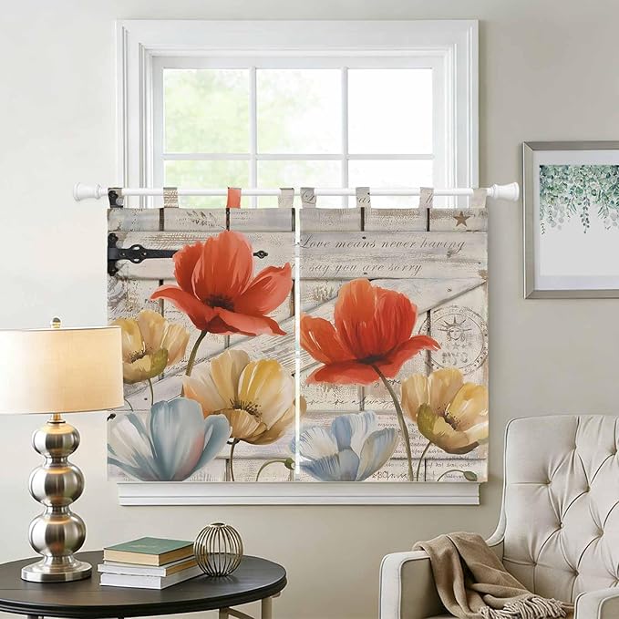 Retro Floral Kitchen Curtains 45 Inch Length, Short Cafe Window Curtains Tab Top, Red Yellow Tulips Barm Doors Farmhouse Wooden Light Filtering Window Treatments Tier Drapes 27.5"x45" 2 Panel