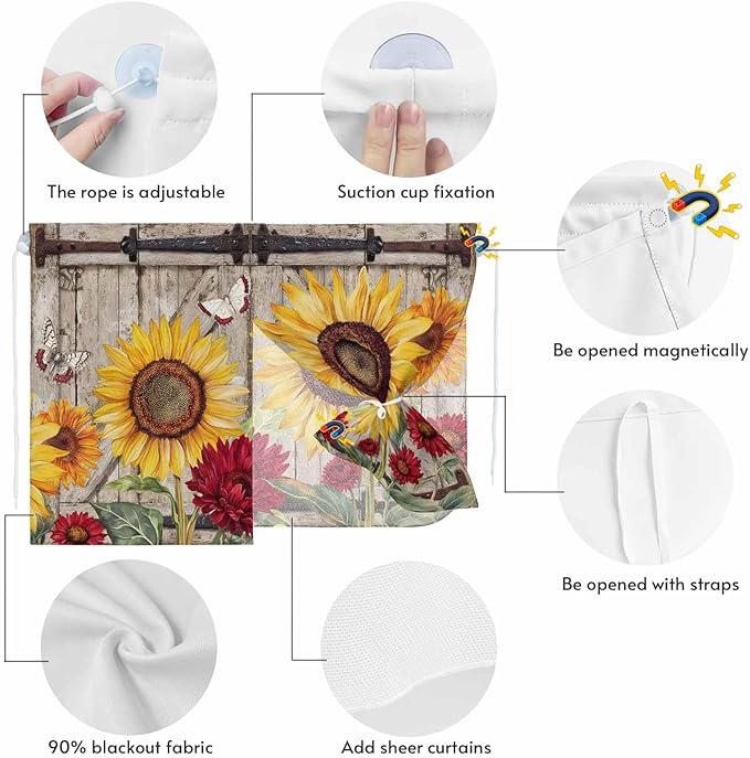 Sunflowers Magnetic Double Layer Car Window Shades,Side Window Curtains for Blackout/Breathable Mesh View,Retro Flower Barn Doors Butterfly Farmhouse Brown Heat Protection Sun Shades 26x20in 1pcs