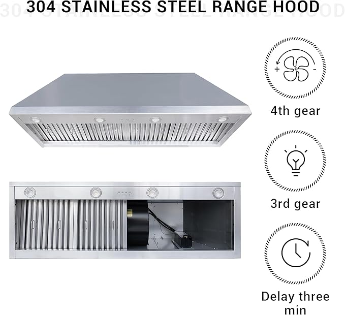 CHETTO C Stainless Steel Range Hood Cover with 4-Speed Vent Hood Insert Custom Handcrafted Metal Kitchen Fan with Towel Rack LED Light 54"W x24"D x39"H White Wall Mount
