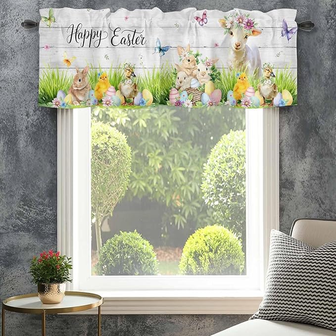 Easter Curtain Valances for Windows, Kitchen Valance Window Treatment, Spring Sheep Bunny Duck Plants Wooden Grain Light Filtering Block Curtains for Bathroom/Bedroom/Living Room 54'' x 18''