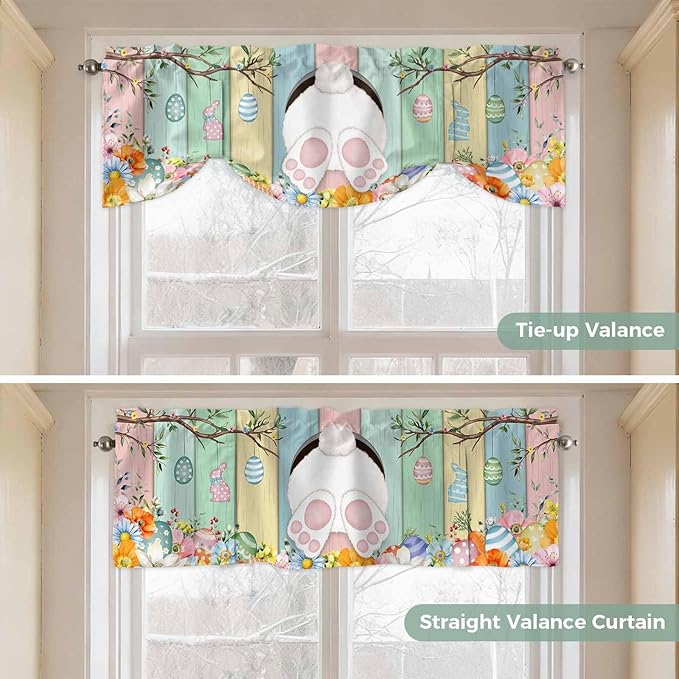 Easter Tie Up Valance Curtains for Windows, Kitchen Curtains Window Shades, Spring Colorful Bunny Eggs Flower Wood Grain Light Filtering Roman Curtain Valances for Bedroom/Bathroom/Cafe 42"x18"