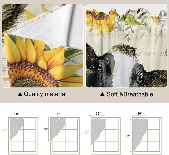 Yellow Sunflowers Swag Valances for Windows, Country Cow Flower Butterfly Farmhouse Cream Rod Pocket Kitchen Curtains Valance, Small Window Curtains Swag for Cafe Living Room, 2 Panels, 36x36 inch