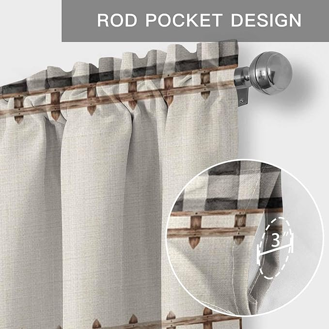 Spring Flowers Curtain Valances for Windows, Kitchen Valance Window Treatment, Vintage Watercolor Black Plaid on Linen Light Filtering Block Curtains for Bathroom/Bedroom/Living Room 42'' x 18''
