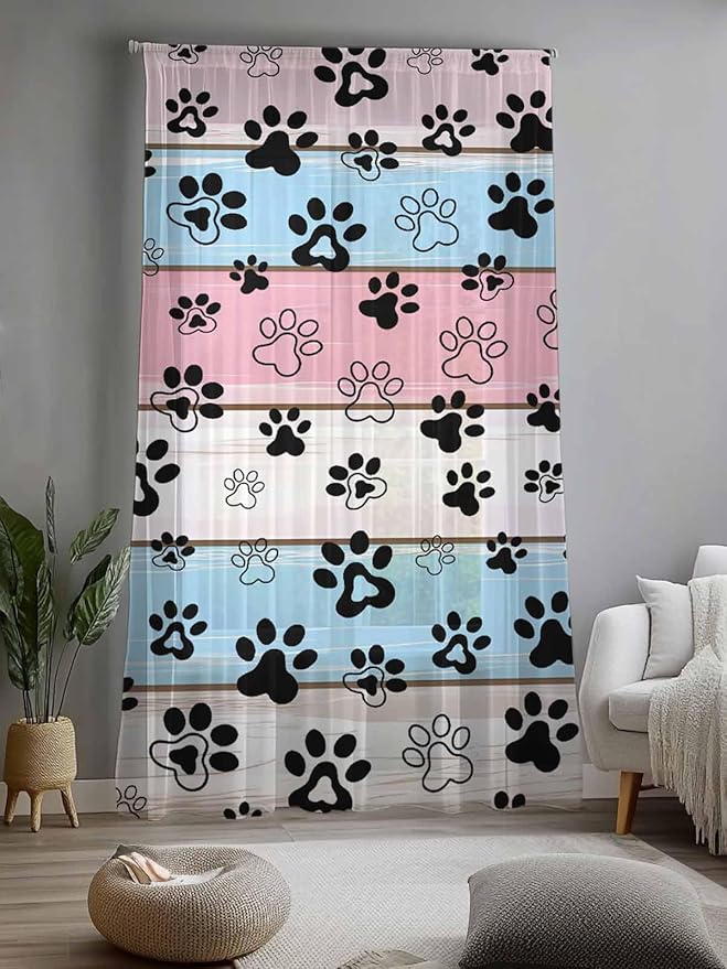 Sheer Curtains 84 Inches Long, Pink Blue Paw Print Semi Sheer Curtains Light Filtering Window Treatment, Vintage Farmhouse Wooden Grain Privacy Voile Drapes for Living Room Bedroom 52x84 Inch
