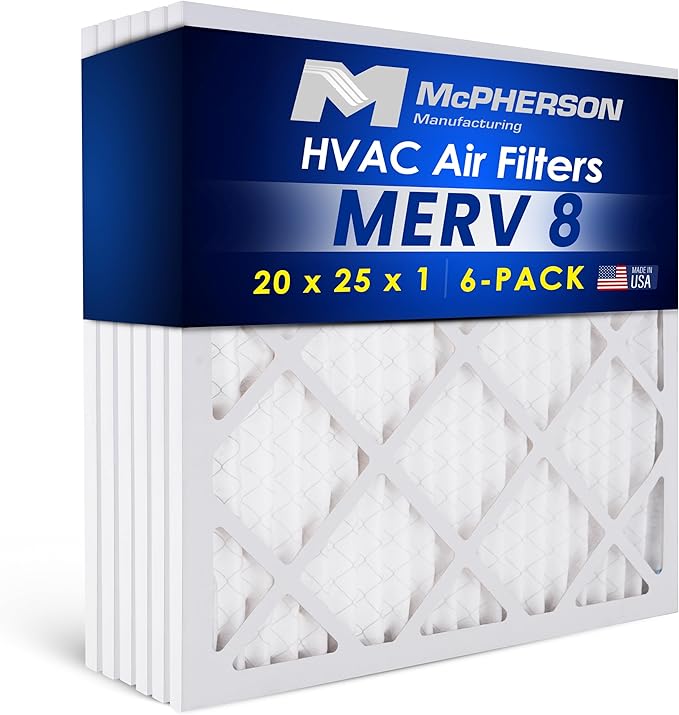 20x25x1 Air Filters, MERV 8 Pleated HVAC AC Furnace Filter Replacement, For Home and Commercial Use, Dust, Pet, & Lint, Made In USA, Easy Install (6 Pack)