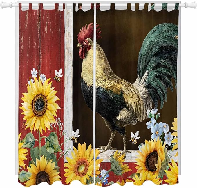 Chicken Sunflowers Living Room Curtains 96 Inch Length, Window Curtains Tab Top, Farmhouse Animals Red Barn Bees Light Filtering Window Treatments Drapes 52"x96" 2 Panel