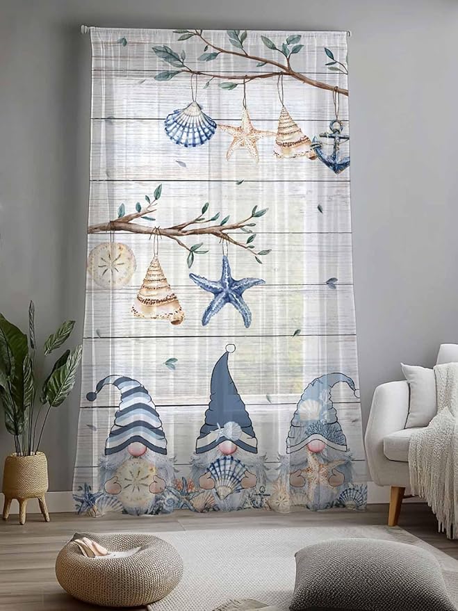 Sheer Curtains 108 Inches Long, Coastal Eucalyptus Semi Sheer Curtains Light Filtering Window Treatment, Ocean Blue Gnomes Starfish Leaf Wood Grain Privacy Voile Drapes for Living Room 52x108 Inch