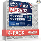 BNX TruFilter 20x20x1 MERV 13 (4-Pack) AC Furnace Air Filter - MADE IN USA - Electrostatic Pleated Air Conditioner HVAC AC Furnace Filters - Removes Pollen, Mold, Bacteria, Smoke