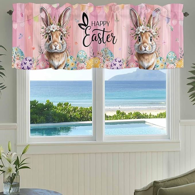 Easter Curtain Valances for Windows, Kitchen Valance Window Treatment, Spring Rabbit Eggs Flowers Flags Leaves Wood Grain Light Filtering Block Curtains for Bathroom/Bedroom/Living Room 42'' x 12''