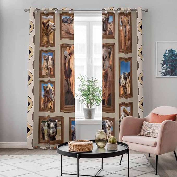 2 Panel Kitchen Cafe Curtains, Desert Camels Sunlight Filtering Nature Air Through, Home Decor Window Covering Tier Curtains for Living Room 104W x 96L inch Western Wildlife Brown Animals Country