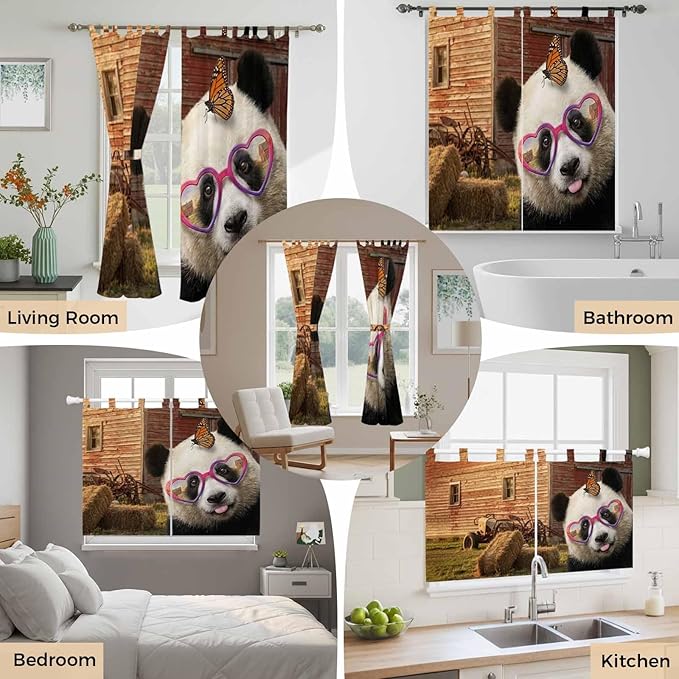 Farm Panda Bathroom Curtains 63 Inch Length, Window Curtains Tab Top, Farmhouse Barn Funny Animals Butterfly Light Filtering Window Treatments Drapes 52"x63" 2 Panel
