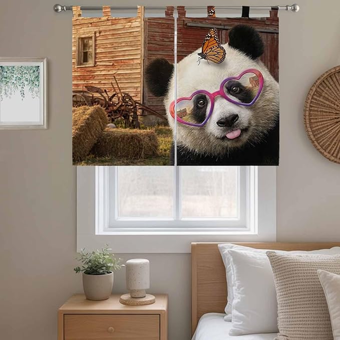 Farm Panda Bedroom Curtains 63 Inch Length, Window Curtains Tab Top, Farmhouse Barn Funny Animals Butterfly Light Filtering Window Treatments Drapes 42"x63" 2 Panel