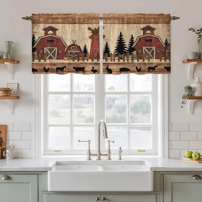 Brown Farmhouse Tier Curtains, Vintage Country Animals Wooden Grain Light Filtering Kitchen Curtains, 2Pcs Rod Pocket Half Window Treatments Panels for Sink Cafe Cabinet Camper 27.5x24 Inches