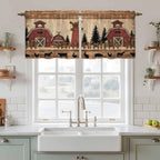 Brown Farmhouse Tier Curtains, Vintage Country Animals Wooden Grain Light Filtering Kitchen Curtains, 2Pcs Rod Pocket Half Window Treatments Panels for Sink Cafe Cabinet Camper 27.5x24 Inches