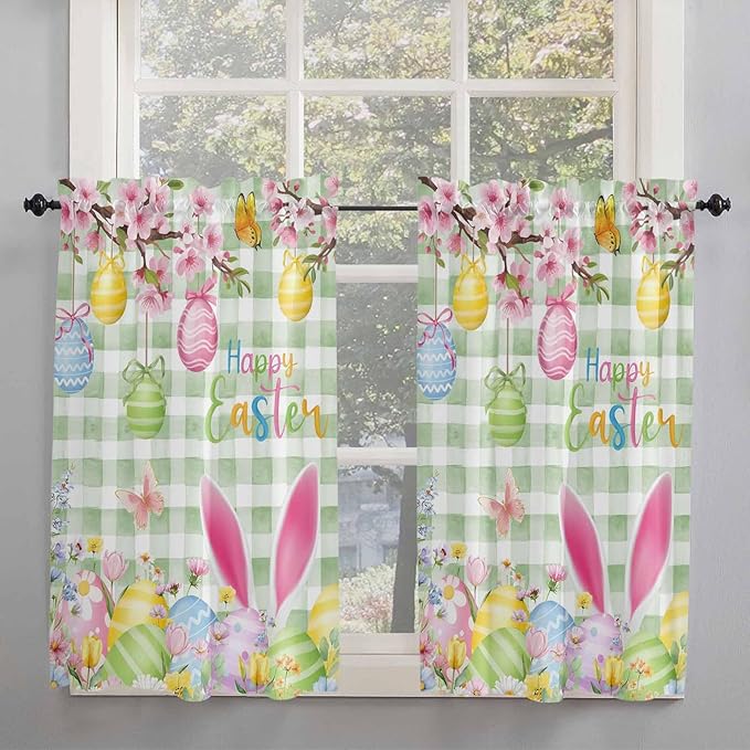 Happy Easter Kitchen Curtains 54 Inches Length, Spring Bunny Eggs Flower Sage Green Plaid Window Treatment Curtain Drapes, Decorative Window Curtains for Bedroom Cafe, 52"x54", 2 Panels