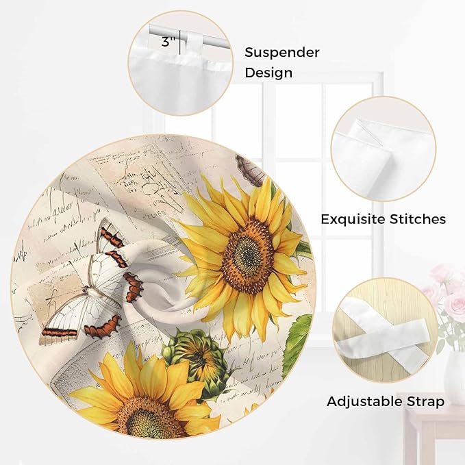 Yellow Sunflowers Kitchen Curtains 36 Inch Length, Small Window Curtains Tab Top, Country Farm Butterfly Flower Light Beige Light Filtering Short Window Treatments Tier Drapes 27.5"x36" 2 Panel