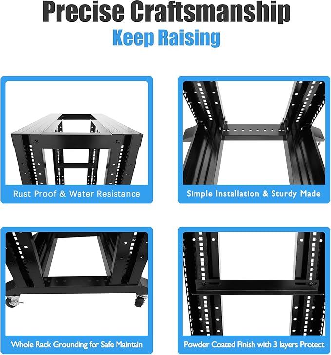 Raising Electronics Server Rack Open Frame Rack 4 Post 19 inch Adjustable Server/Audio Rack Cold Rolled Steel (15U-24 Depth, Black-15U)