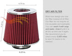 Rtunes Racing Universal Clamp-On Air Filter, Standard Cone, Dry Washable Design, Multiple Inlet Sizes (Red, 3" Inch)