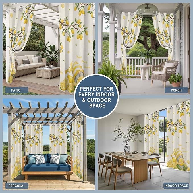 Summer Outdoor Curtains for Patio Lemon Gnome Leaf Linen Texture Waterproof Outside Curtains with Grommet Top Weatherproof Curtain for Cabana Pergola Gazebo, 2 Pack, 54" W x 108" L
