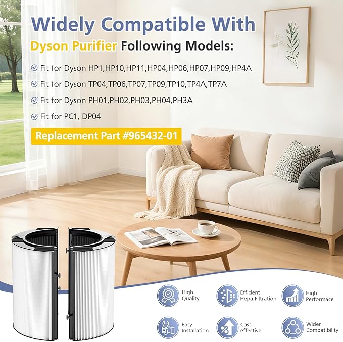 360° Combi Glass H13 Hepa + Activated Carbon Filter Compatible with Dyson HP1 PC1 HP10 TP07 TP10 TP06 HP06 TP04 HP04 PH01 PH02 PH03 PH04 HP09 TP09 HP07 Air Purifier, 2-in-1 Replacement Filters, 2 Pack