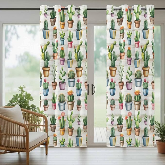 Summer Cactus Outdoor Curtains for Patio Cactus Tropical Plant Wooden Waterproof Outside Curtains with Grommet Top Weatherproof Curtain for Cabana Pergola Gazebo, 1 Panel, 54" W x 84" L