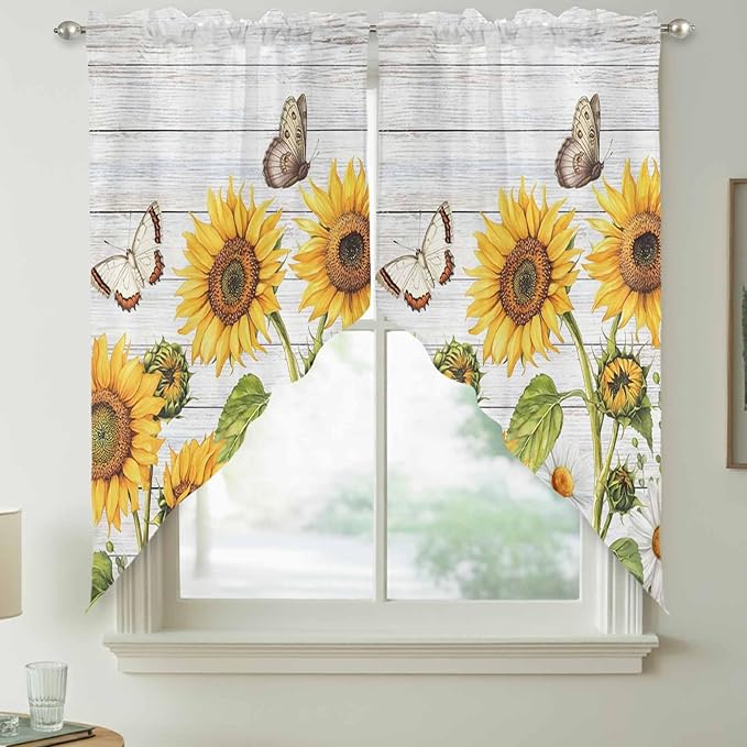 Yellow Sunflowers Swag Valances for Windows, Vintage Country Flowers Butterfly Wood Board Rod Pocket Kitchen Curtains Valance, Kitchen Window Curtains Swag for Cafe Living Room, 2 Panels, 36x45 inch
