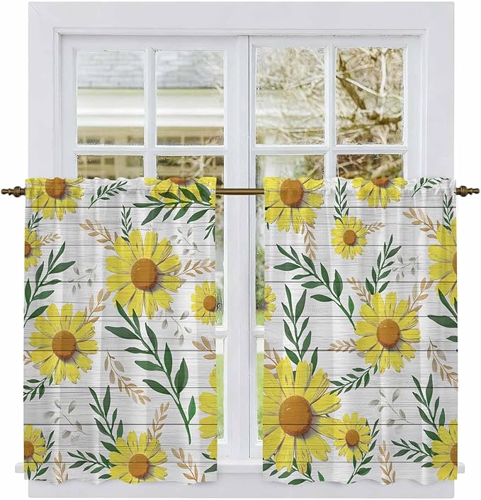 Yellow Daisy Kitchen Curtains, Farmhouse Country Flower Leaf Plant Wood Grain Light Filtering Window Curtain Panels, 2Pcs Rod Pocket Window Treatments Set for Cabin Bathroom Bedroom 52x45 Inches