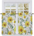 Yellow Daisy Tier Curtains, Farmhouse Country Flower Leaf Plant Wood Grain Light Filtering Kitchen Curtains, 2Pcs Rod Pocket Half Window Treatments Panels for Sink Cafe Cabinet Basement 27.5x45 Inches