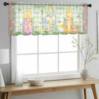 Easter Sheer Valances for Windows 42"x18", Light Filtering Kitchen Curtains Valance, Gnomes Flowers Duck Eggs Green Lattice Wooden Rod Pocket Chiffon Curtains for Living Room Bedroom Cafe