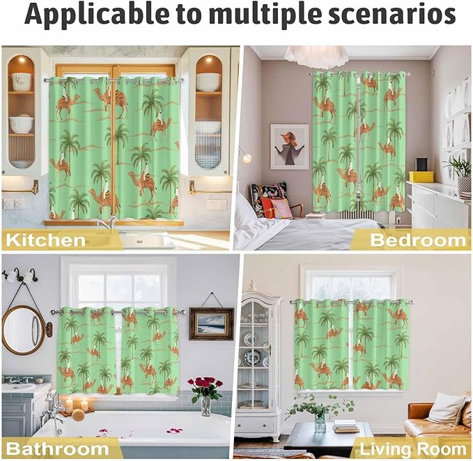 2 Panel Kitchen Cafe Curtains, Desert Camels Sunlight Filtering Nature Air Through, Home Decor Window Covering Tier Curtains for Living Room 104W x 90L inch Tropical Date Palm Trees Animal Green