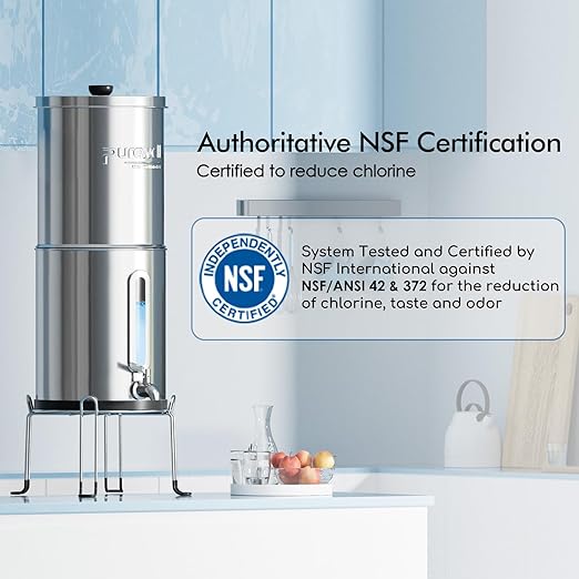 Purewell 2.25G Gravity Water Filter System with Water Level Window, 8-Stage 0.01μm Ultra-Filtration Stainless Steel Countertop System with 4 Filters and Stand, Reduce Fluoride and Chlorine, PW-KS-CF