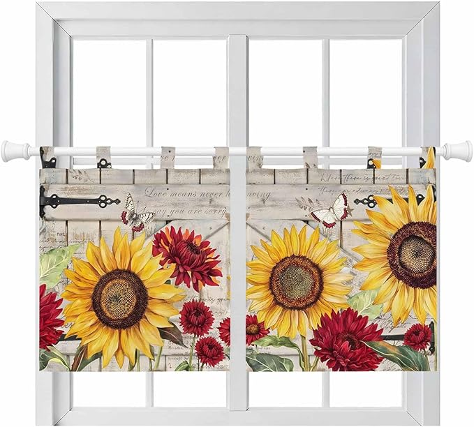 Red Yellow Sunflowers Kitchen Curtains 24 Inch Length, Small Window Curtains Tab Top, Retro Rustic Barn Doors Butterfly Brown Light Filtering Short Window Treatments Tier Drapes 27.5"x24" 2 Panel