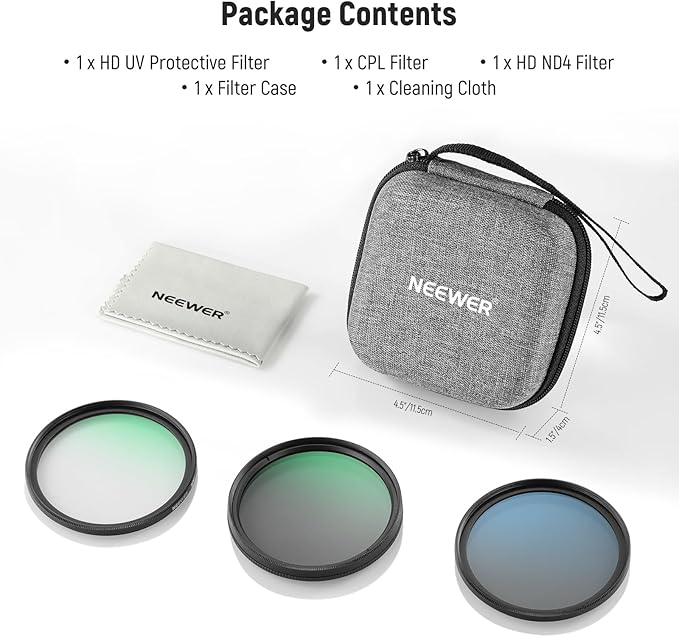 NEEWER 82mm UV/CPL/ND Lens Filter Kit with Hard Shell Storage Case, Multicoated Optical Glass & Aluminum Alloy Frame, UV + Circular Polarizer (CPL) + Neutral Density (ND4) Filter for 82mm Camera Lens