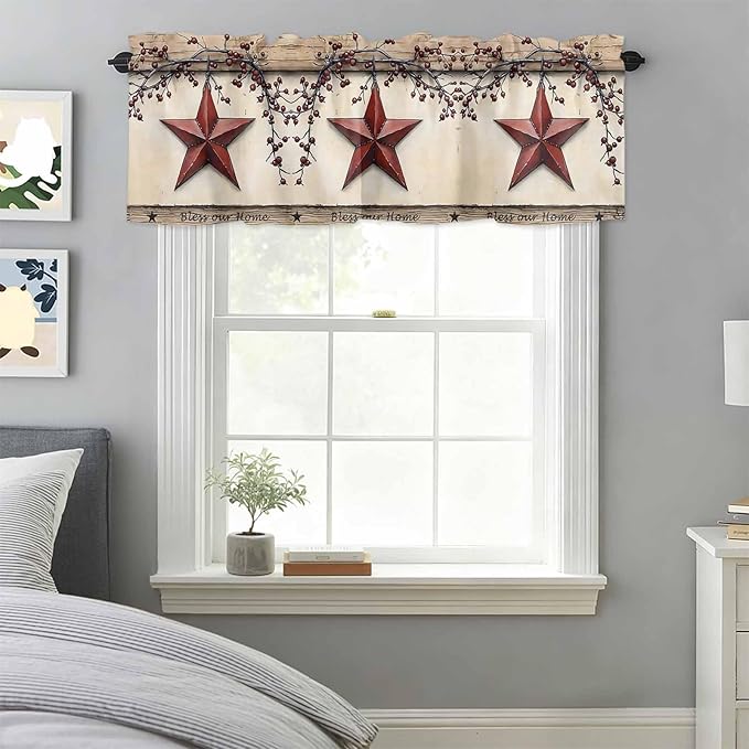 Farmhouse American Valances for Windows, Country Star Berries Vintage Wood Grain Kitchen Valance Light Filtering Rod Pocket Short Curtains for Kitchen Bathroom, 1 Panel, 56"x16"