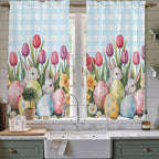Easter Window Curtains 63 Inch Long 2 Panel Set, Rod Pocket Bedroom Curtains & Drapes, Spring Bunny Colorful Eggs Tulip Flowers Blue Check Light Filtering Window Treatment for Living Room 42"W x 63"L