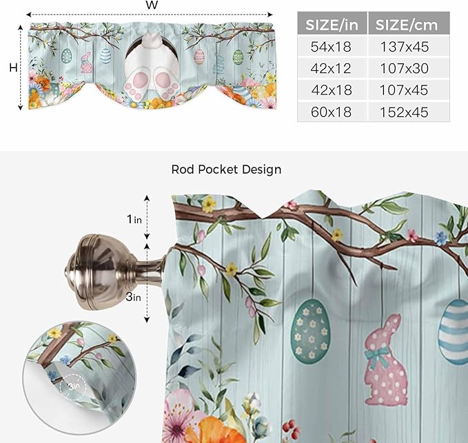 Easter Bunny Tie Up Valance Curtains for Windows, Kitchen Curtains Window Shades, Easter Eggs Spring Farmhouse Wood Grain Teal Blue Light Filtering Curtain Valances for Bedroom/Bathroom/Cafe 54"x18"
