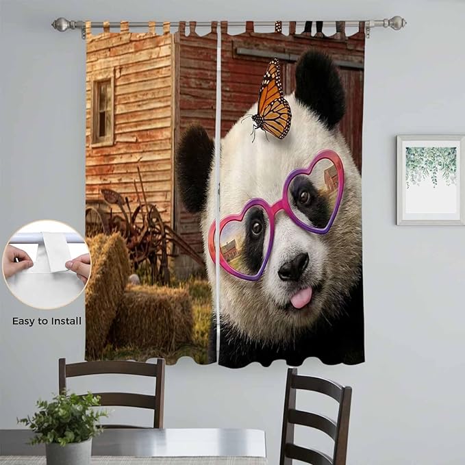 Farm Panda Living Room Curtains 96 Inch Length, Window Curtains Tab Top, Farmhouse Barn Funny Animals Butterfly Light Filtering Window Treatments Drapes 52"x96" 2 Panel
