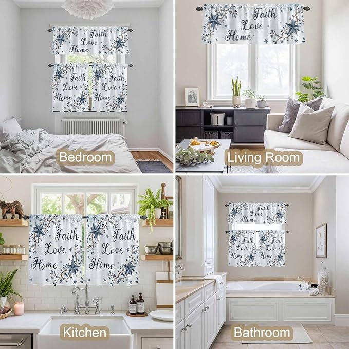 Kitchen Curtains Tiers and Valance Set of 3, Texas Star Country Light Filtering Window Curtain Set, Blue Farmhouse Branches Rod Pocket Curtain Drapes for Cafe, Living Room, 24 Inches Tiers