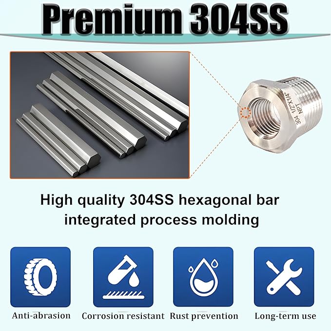 1/2" NPT Male to 1/4" NPT Female Hex Bushing Reducer, 304 Stainless Steel NPT Reducing Adapter Pipe Fitting, Heavy Duty Pipe Hex Bushing for Reducing Pipe (1/2” MNPT x 1/4” FNPT)
